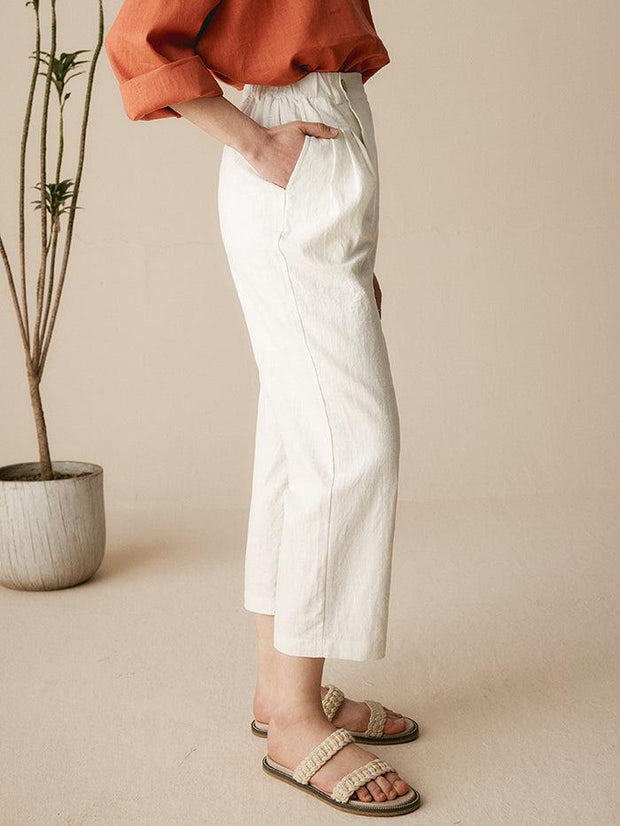 Linen Capri Pants for Women with Asymmetrical Hem and Side Pockets – Cropped Tailored Fit