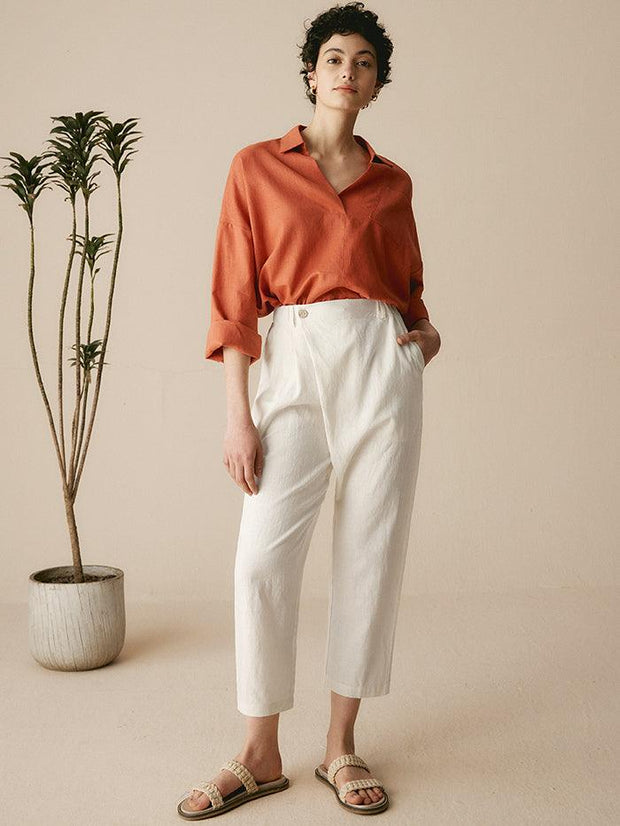 Linen Capri Pants for Women with Asymmetrical Hem and Side Pockets – Cropped Tailored Fit