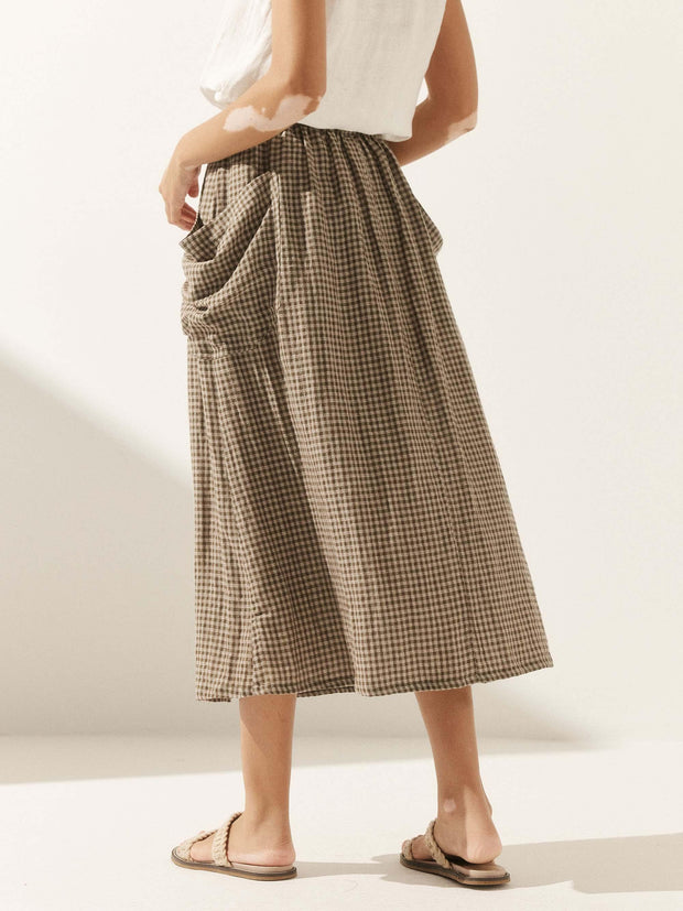 Linen Checked A-Line Skirt with Elastic Waist and Side Pockets – Stylish ONYX Design for Casual Wear