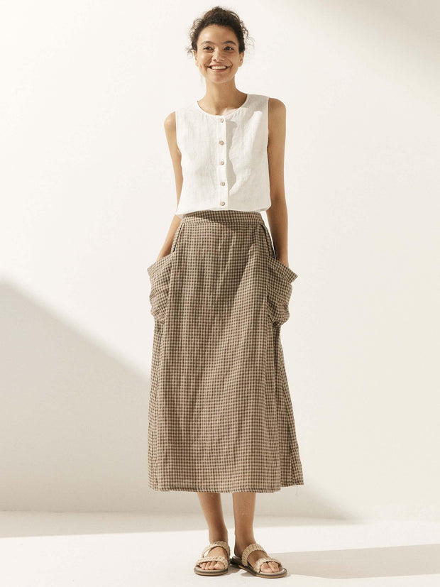 Linen Checked A-Line Skirt with Elastic Waist and Side Pockets – Stylish ONYX Design for Casual Wear