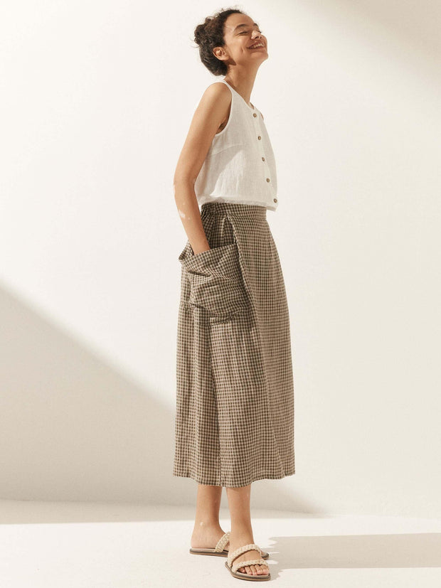 Linen Checked A-Line Skirt with Elastic Waist and Side Pockets – Stylish ONYX Design for Casual Wear