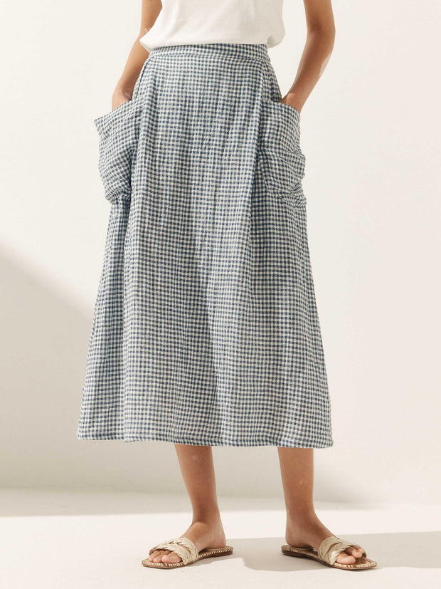 Linen Checked A-Line Skirt with Elastic Waist and Side Pockets – Stylish ONYX Design for Casual Wear