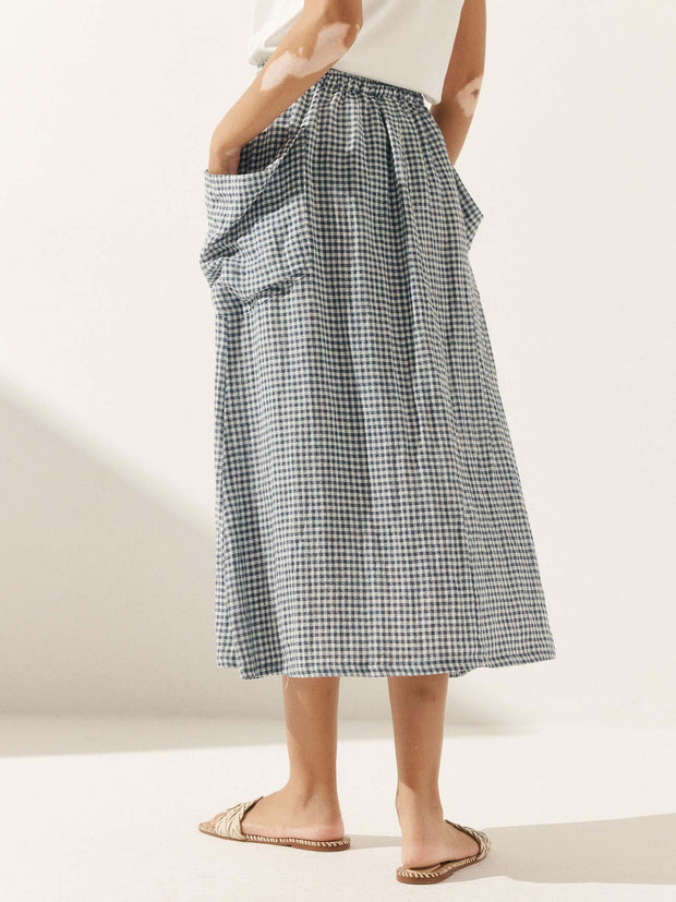 Linen Checked A-Line Skirt with Elastic Waist and Side Pockets – Stylish ONYX Design for Casual Wear