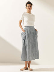 Linen Checked A-Line Skirt with Elastic Waist and Side Pockets – Stylish ONYX Design for Casual Wear