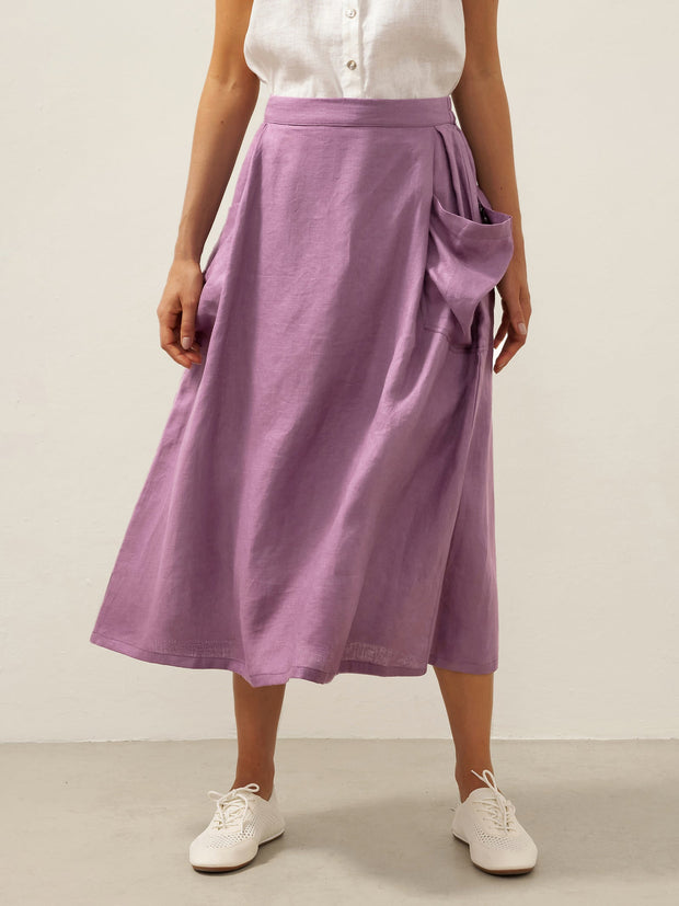 Linen Checked Elastic Waist Skirt with Pockets – Stylish A-Line Design