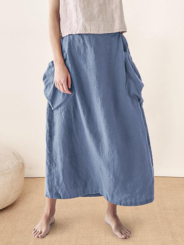 Linen Checked Elastic Waist Skirt with Pockets – Stylish A-Line Design