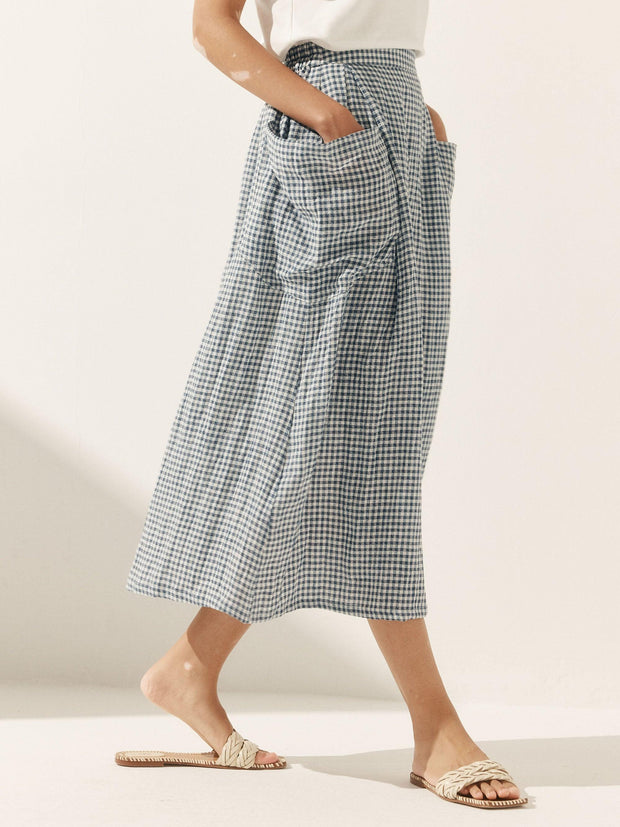 Linen Checked Elastic Waist Skirt with Pockets – Stylish A-Line Design