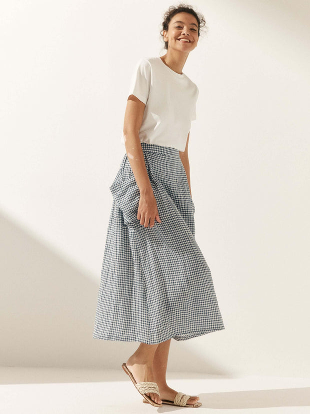 Linen Checked Elastic Waist Skirt with Pockets – Stylish A-Line Design