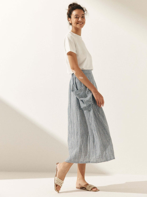 Linen Checked Elastic Waist Skirt with Pockets – Stylish A-Line Design