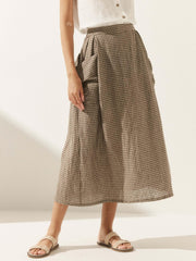 Linen Checked Elastic Waist Skirt with Pockets – Stylish A-Line Design