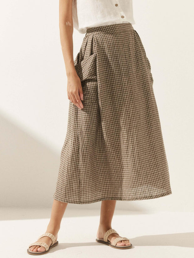 Linen Checked Elastic Waist Skirt with Pockets – Stylish A-Line Design