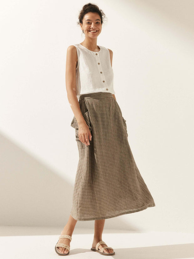 Linen Checked Elastic Waist Skirt with Pockets – Stylish A-Line Design