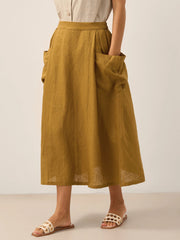Linen Checked Elastic Waist Skirt with Pockets – Stylish A-Line Design