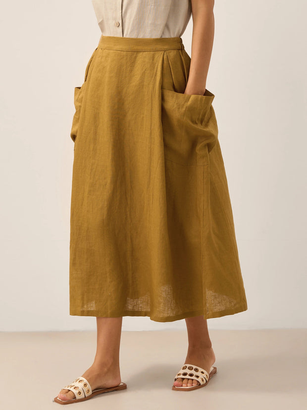 Linen Checked Elastic Waist Skirt with Pockets – Stylish A-Line Design