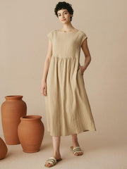 Linen Maxi Dress with Cap Sleeves and Pockets – Relaxed Fit Long Dress for Women in Various Colors