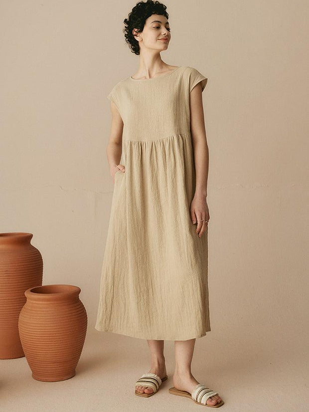 Linen Maxi Dress with Cap Sleeves and Pockets – Relaxed Fit Long Dress for Women in Various Colors