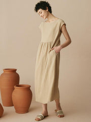 Linen Maxi Dress with Cap Sleeves and Pockets – Relaxed Fit Long Dress for Women in Various Colors