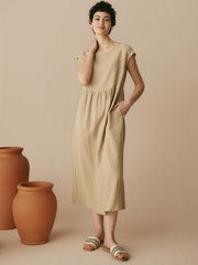 Linen Maxi Dress with Cap Sleeves and Pockets – Relaxed Fit Long Dress for Women in Various Colors