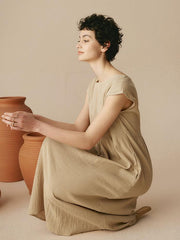 Linen Maxi Dress with Cap Sleeves and Pockets – Relaxed Fit Long Dress for Women in Various Colors