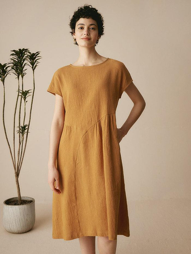 Linen Midi Dress with Cap Sleeves and Waist Pleat Design – Elegant A-Line Dress