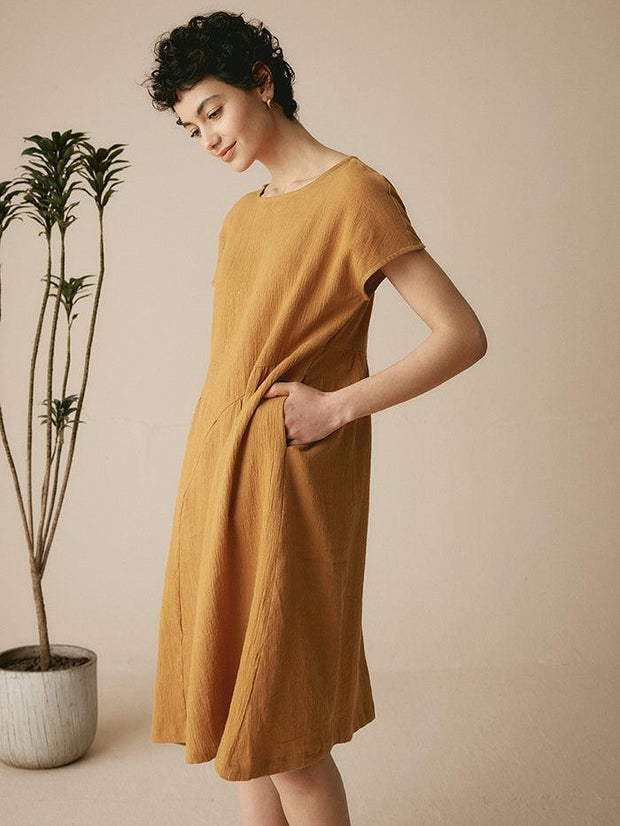 Linen Midi Dress with Cap Sleeves and Waist Pleat Design – Elegant A-Line Dress