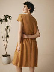 Linen Midi Dress with Cap Sleeves and Waist Pleat Design – Elegant A-Line Dress