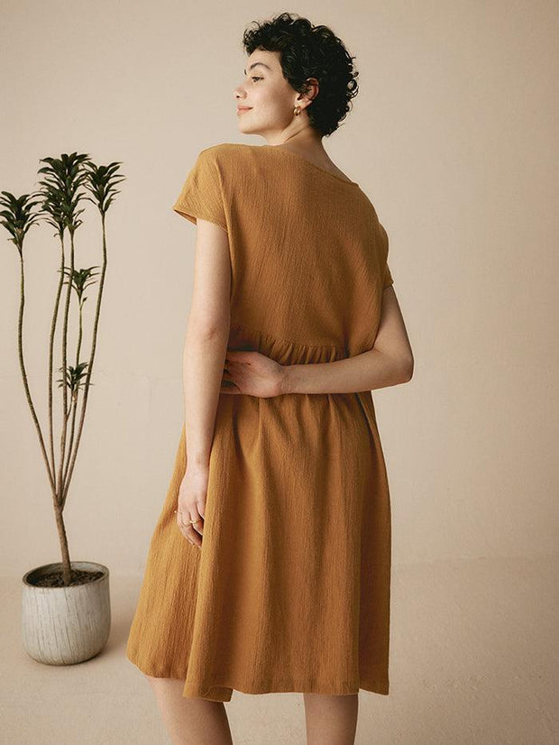 Linen Midi Dress with Cap Sleeves and Waist Pleat Design – Elegant A-Line Dress