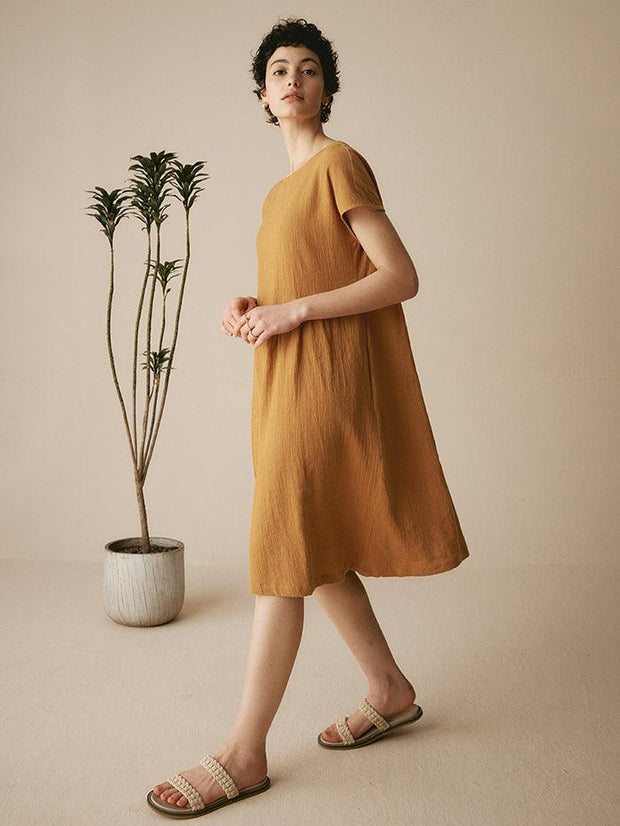Linen Midi Dress with Cap Sleeves and Waist Pleat Design – Elegant A-Line Dress