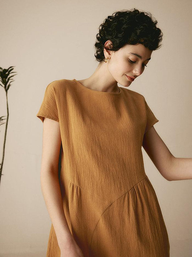 Linen Midi Dress with Cap Sleeves and Waist Pleat Design – Elegant A-Line Dress