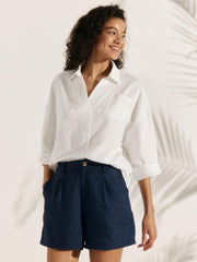 Linen Oversized Women's Shirt with V-Neck, Rounded Hem, and Front Pocket – Comfortable and Stylish