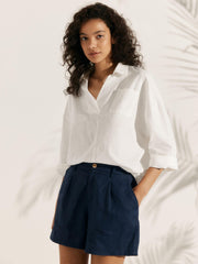 Linen Oversized Women's Shirt with V-Neck, Rounded Hem, and Front Pocket – Comfortable and Stylish