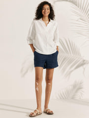 Linen Oversized Women's Shirt with V-Neck, Rounded Hem, and Front Pocket – Comfortable and Stylish