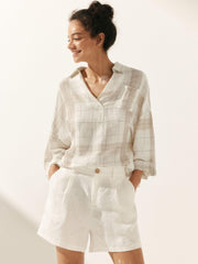 Linen Oversized Women's Shirt with V-Neck, Rounded Hem, and Front Pocket – Comfortable and Stylish