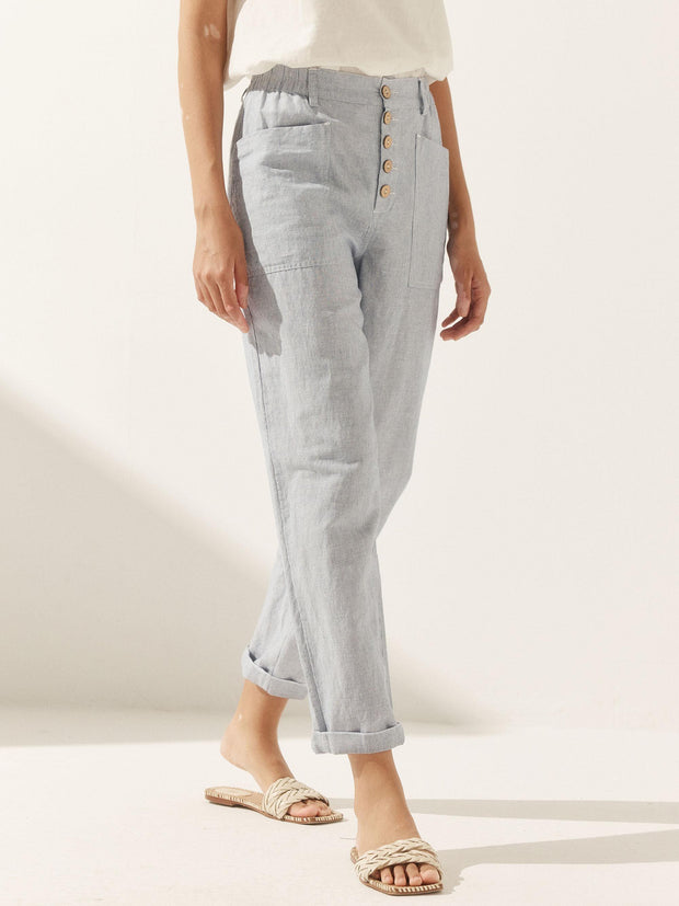Linen Pants for Women – Casual Chic Tapered Leg Trousers with Button Fly Closure