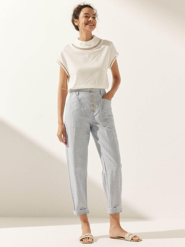 Linen Pants for Women – Casual Chic Tapered Leg Trousers with Button Fly Closure