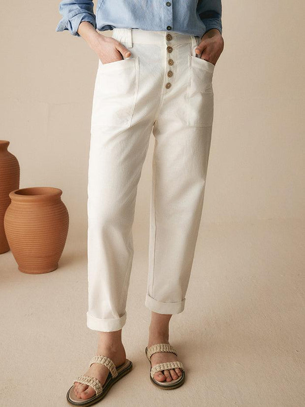 Linen Pants for Women, Tapered Fit Button Fly Trousers in Dusty Blue - Comfortable and Stylish