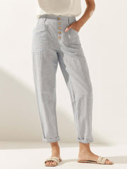 Linen Pants for Women, Tapered Fit Button Fly Trousers in Dusty Blue - Comfortable and Stylish