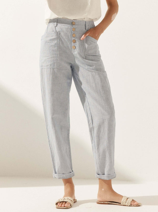 Linen Pants for Women, Tapered Fit Button Fly Trousers in Dusty Blue - Comfortable and Stylish