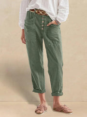 Linen Pants for Women, Tapered Fit Button Fly Trousers in Dusty Blue - Comfortable and Stylish
