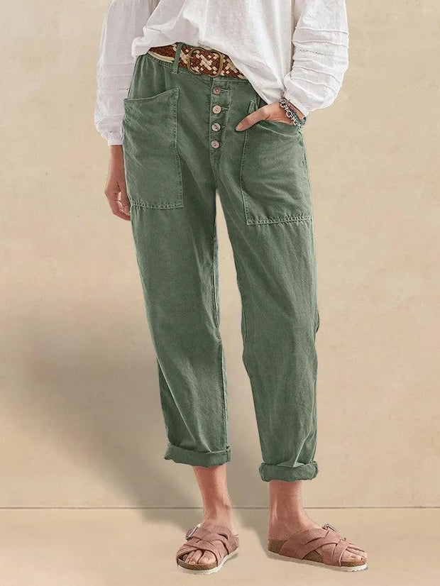 Linen Pants for Women, Tapered Fit Button Fly Trousers in Dusty Blue - Comfortable and Stylish