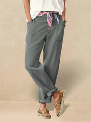 Linen Pants for Women, Tapered Fit Button Fly Trousers in Dusty Blue - Comfortable and Stylish