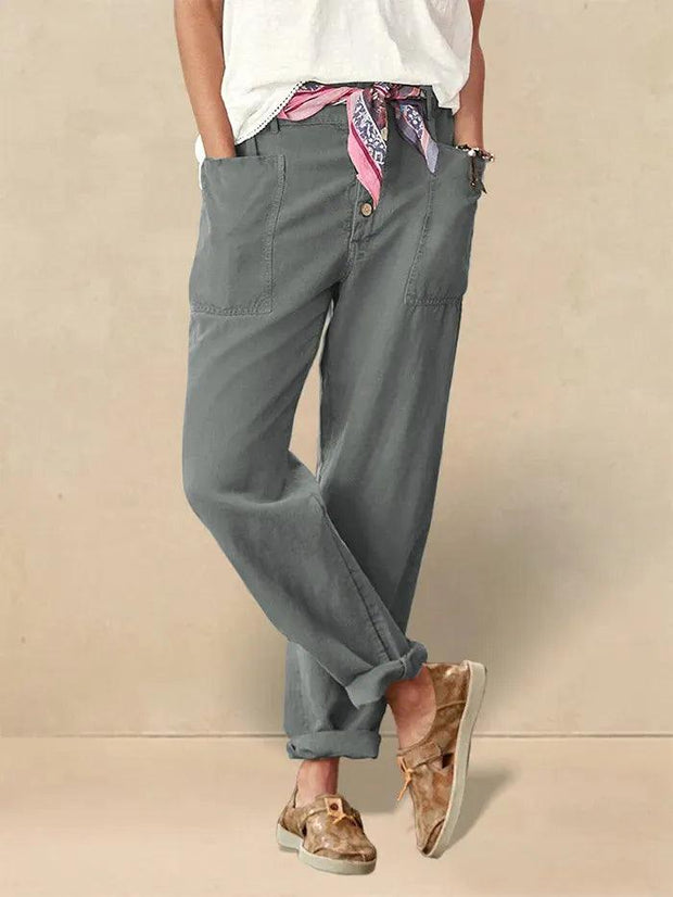 Linen Pants for Women, Tapered Fit Button Fly Trousers in Dusty Blue - Comfortable and Stylish