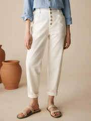 Linen Pants for Women, Tapered Fit Button Fly Trousers in Dusty Blue - Comfortable and Stylish