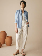 Linen Pants for Women, Tapered Fit Button Fly Trousers in Dusty Blue - Comfortable and Stylish