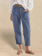 Linen Pants for Women, Tapered Fit Button Fly Trousers in Dusty Blue - Comfortable and Stylish