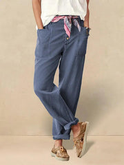 Linen Pants for Women, Tapered Fit Button Fly Trousers in Dusty Blue - Comfortable and Stylish