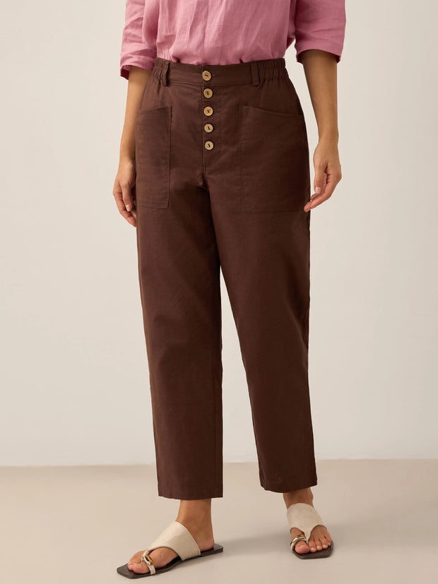 Linen Pants for Women, Tapered Fit Button Fly Trousers in Dusty Blue - Comfortable and Stylish