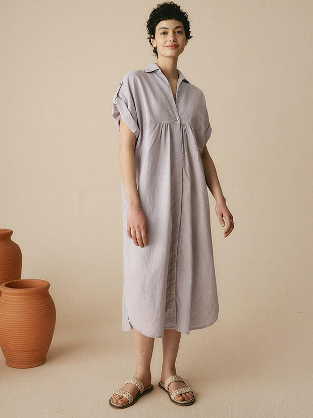 Linen Shirt Dress for Women, Short Sleeve with Convertible Cuffs and Curved Hem - Effortless Style in White