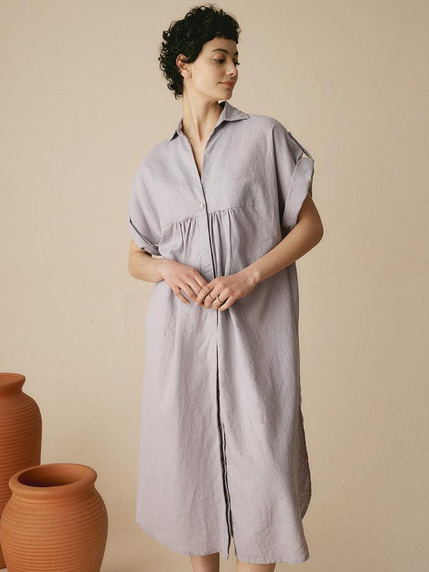 Linen Shirt Dress for Women, Short Sleeve with Convertible Cuffs and Curved Hem - Effortless Style in White