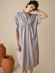 Linen Shirt Dress for Women, Short Sleeve with Convertible Cuffs and Curved Hem - Effortless Style in White